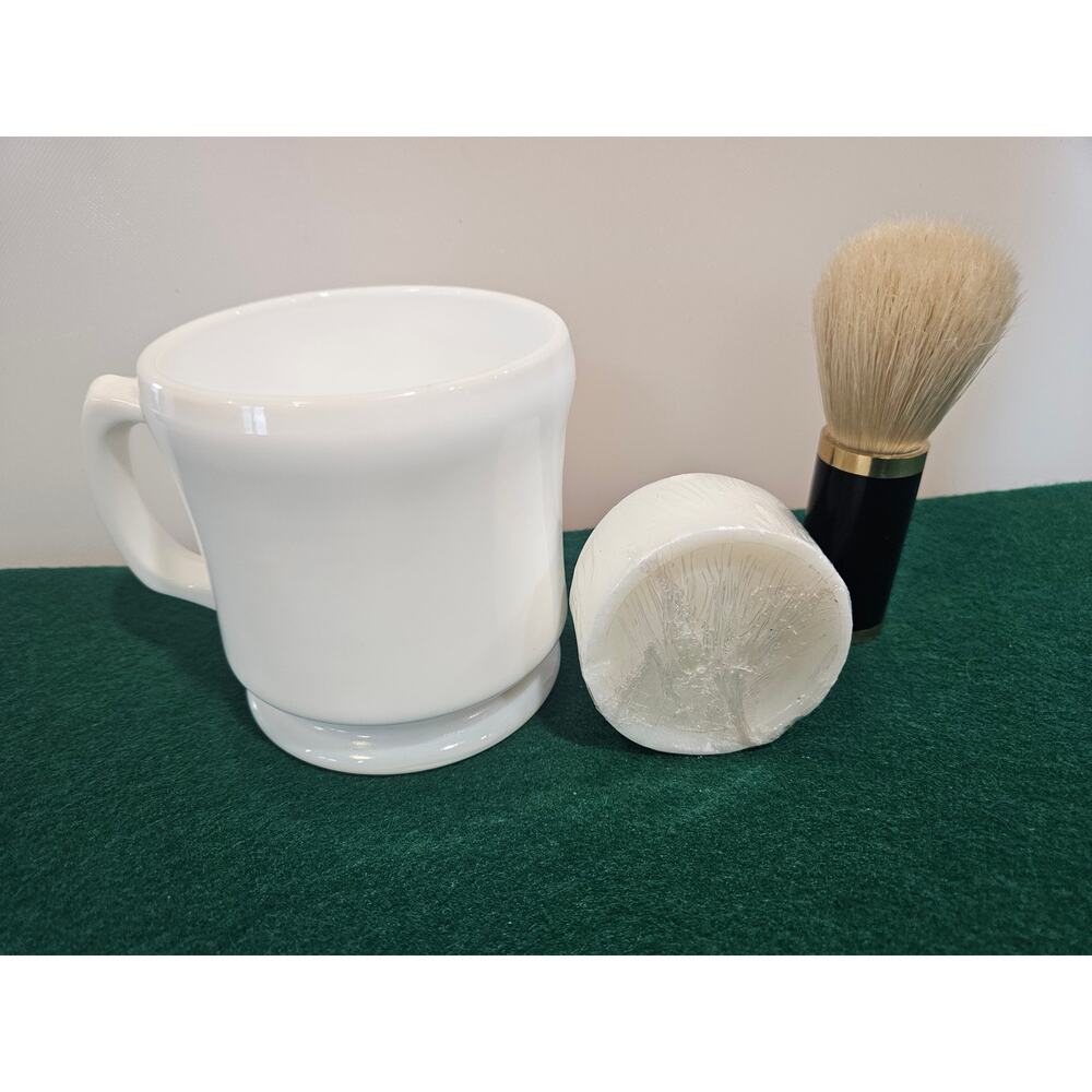 Vintage Milk Glass Shaving Mug set, with new soap and Vintage brush
